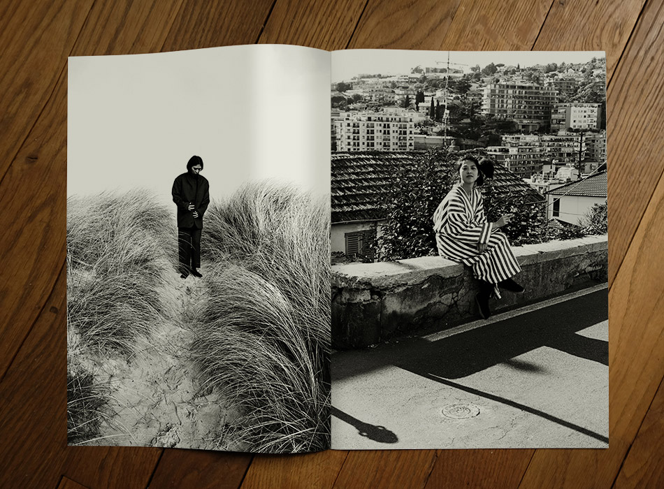 Cristaseya edition 9 Catalogue, double spread with a a woman in the nature and a woman sitting, photos by Andrea Spotorno