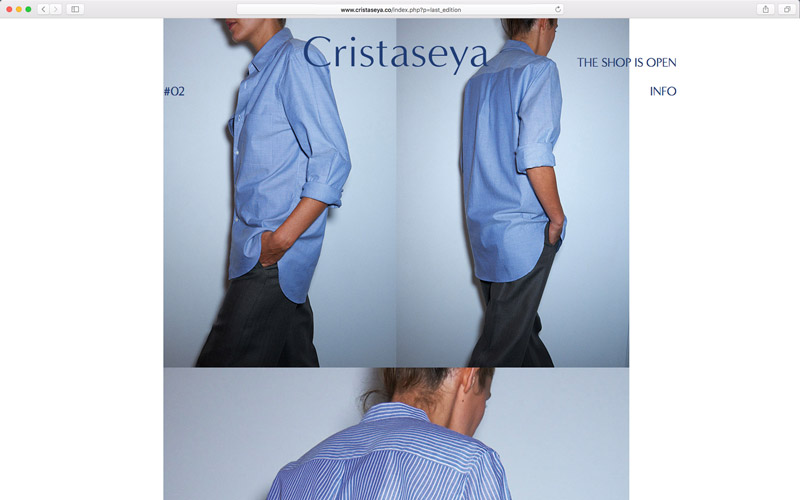 Cristaseya, website design, screen from edition 2, a patchwork of images of a model wearing a blue shirt, photo by Andrea Spotorno