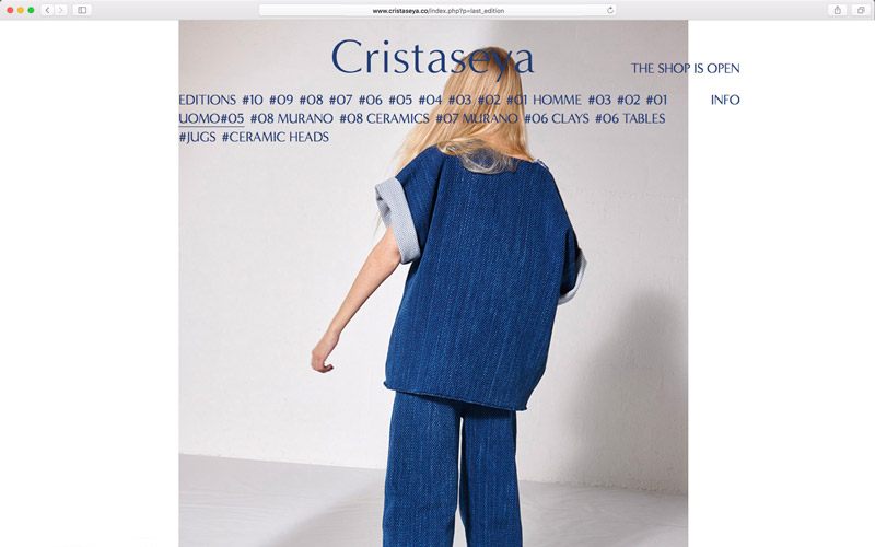 Cristaseya, website design, screen from edition 5 with a model wearing a total look jeans, photo by Andrea Spotorno