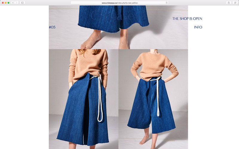 Cristaseya, website design, screen from edition 3, a patchwork of images of a model wearing a blue jeans skirt with rope and a beige wool sweater, photo by Andrea Spotorno