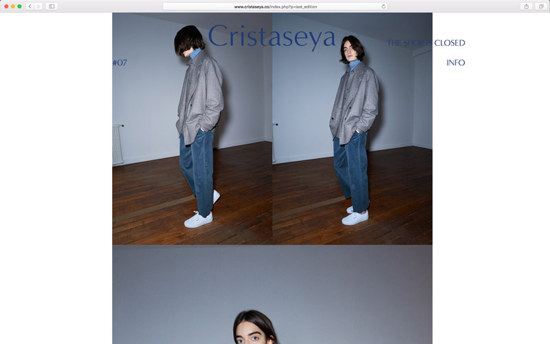 Cristaseya, website design, screen from edition 7, a patchwork of images of a model wearing a grey jacket and a blue courdory pants, photo by Andrea Spotorno