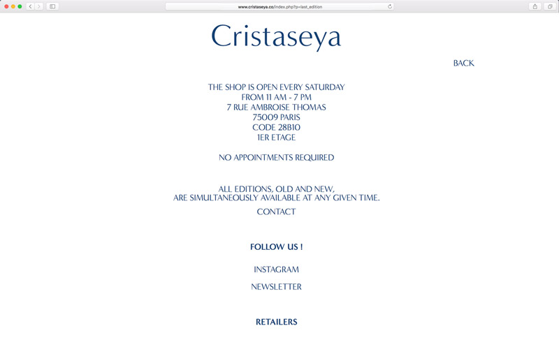 Cristaseya, website design, screen from the Info page with blue corporate typography