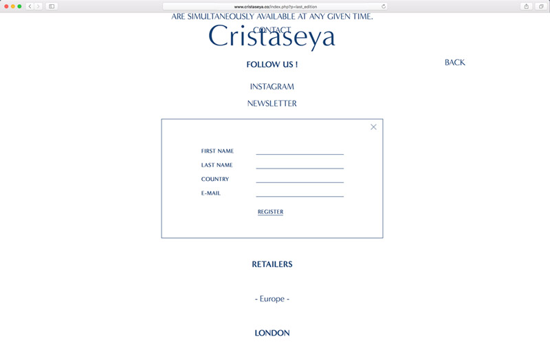 Cristaseya, website design, screen from the Newsletter subscription page with blue corporate typography