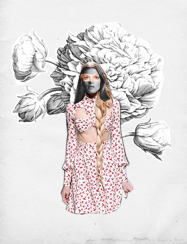 Annalisa Pagetti's collage of a woman wearing a Miu Miu dress, and a huge black and white rose in the background