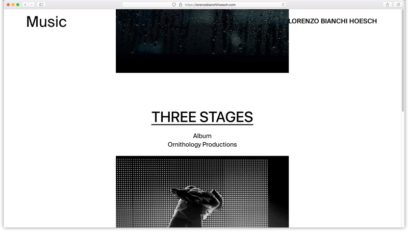 Lorenzo Bianchi Hoesch website design, Music cover page, Three Stages detail